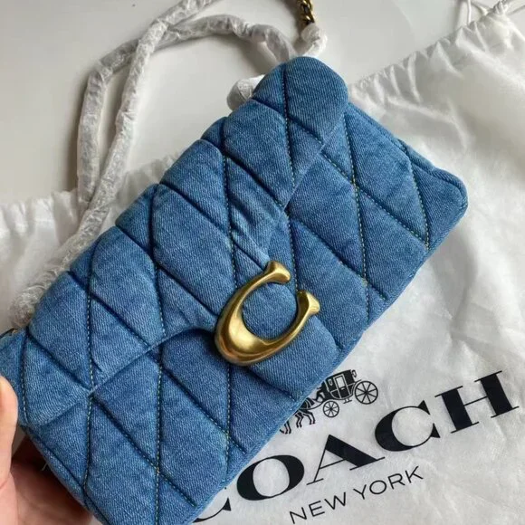 COACH Tabby Quilted Gold Logo Chain Denim Shoulder Bag - Picture 2 of 5